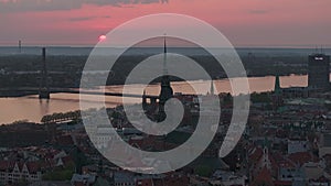 Aerial panoramic sunset over Riga old town in Latvia.