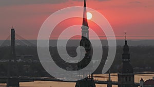 Aerial panoramic sunset over Riga old town in Latvia.