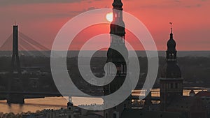 Aerial panoramic sunset over Riga old town in Latvia.