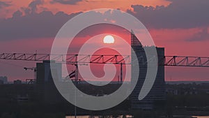 Aerial panoramic sunset over Riga old town in Latvia.