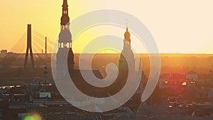 Aerial panoramic sunset over Riga old town in Latvia.