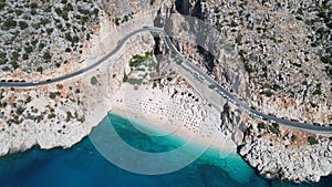 Aerial panoramic top view of the beach in the gorge Kaputas Beach view from the sea Wild beach with azure water Turkish