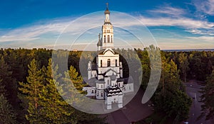 Aerial panoramic top view to Church of the Kazan Icon of the Mother of God in Zelenogorsk. Theotokos Church - Orthodox