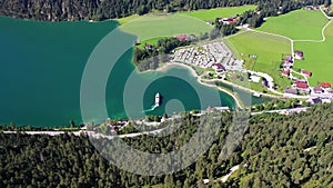 Aerial panoramic video of north part of Achen lake near Achenkirch in Tirol