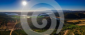 Aerial panoramic view of Algarve countryside landscape, above Arade river in Silves, a Popular Nature Destination Region, in South