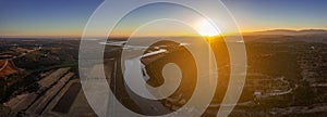 Aerial panoramic view of Algarve countryside landscape, above Arade river in Silves, a Popular Nature Destination Region, in South