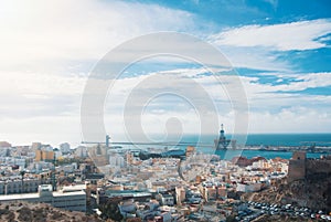 Aerial panoramic view of Almeria old town and port from the cast