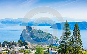 Aerial panoramic view of Aragonese Castle, most popular landmark and travel destination located in Tyrrhenian sea near Ischia