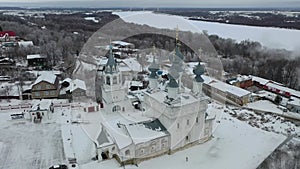 Aerial panoramic view of architectural complex of Resurrection Monastery in Russian town of Murom on winter day