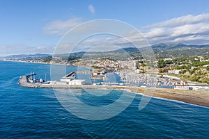 Aerial panoramic view of Arenys de Mar city at dawn.  Barcelona, Spain photo