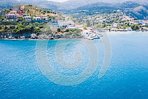 Aerial panoramic view of Assos village of Cefalonia island, Greece. Travel summer vocation concept photo