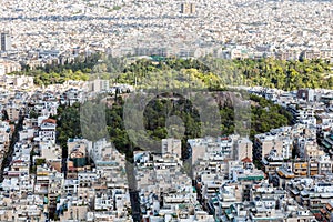Aerial panoramic view of Athens city Greece and park, from Lycabettus hill