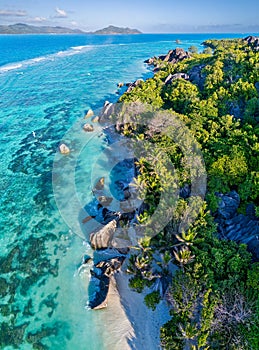 Aerial panoramic view of Beach Anse Source d`Argent, La Digue, Seychellen