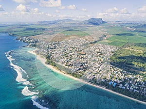 Aerial panoramic view of beach line and landscape Mauritius