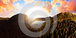 Aerial Panoramic View of Beautiful Glacier Lake in the Canadian Mountain Landscape