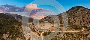 Aerial Panoramic View of a beautiful Valley surrounded by Canadian Mountain Landscape