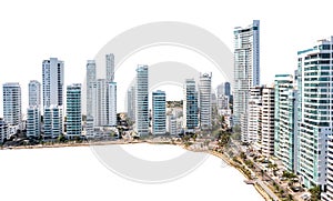 Aerial panoramic view of the Bocagrande district island Skyscrapers Cartagena Colombia on isolated white background