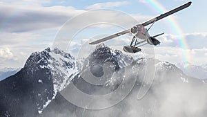 Aerial Panoramic View of Canadian Rocky Mountain Landscape with Seaplane Flying