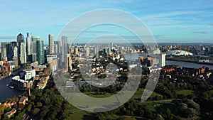 Aerial panoramic view of the Canary Wharf business district in London.