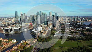 Aerial panoramic view of the Canary Wharf business district in London.