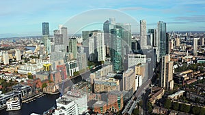 Aerial panoramic view of the Canary Wharf business district in London.