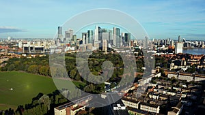 Aerial panoramic view of the Canary Wharf business district in London.