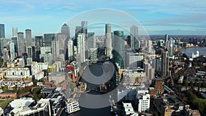 Aerial panoramic view of the Canary Wharf business district in London.