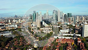 Aerial panoramic view of the Canary Wharf business district in London.