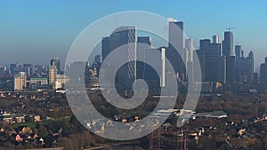 Aerial Panoramic view of Canary Wharf, financial hub in London, UK.