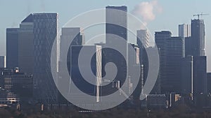 Aerial Panoramic view of Canary Wharf, financial hub in London, UK.