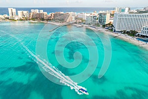 Aerial panoramic view of Cancun beach and city hotel zone in Mexico. Caribbean coast landscape of Mexican resort with