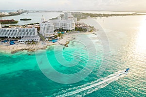 Aerial panoramic view of Cancun beach and city hotel zone in Mexico. Caribbean coast landscape of Mexican resort with