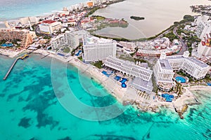 Aerial panoramic view of Cancun beach and city hotel zone in Mexico. Caribbean coast landscape of Mexican resort with