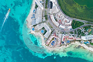 Aerial panoramic view of Cancun beach and city hotel zone in Mexico. Caribbean coast landscape of Mexican resort with