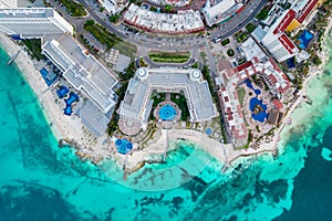 Aerial panoramic view of Cancun beach and city hotel zone in Mexico. Caribbean coast landscape of Mexican resort with