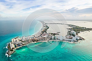 Aerial panoramic view of Cancun beach and city hotel zone in Mexico. Caribbean coast landscape of Mexican resort with