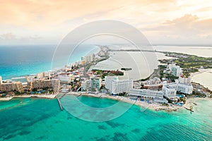 Aerial panoramic view of Cancun beach and city hotel zone in Mexico. Caribbean coast landscape of Mexican resort with