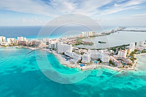 Aerial panoramic view of Cancun beach and city hotel zone in Mexico. Caribbean coast landscape of Mexican resort with