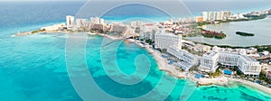 Aerial panoramic view of Cancun beach and city hotel zone in Mexico. Caribbean coast landscape of Mexican resort with