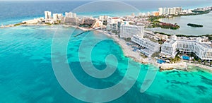 Aerial panoramic view of Cancun beach and city hotel zone in Mexico. Caribbean coast landscape of Mexican resort with