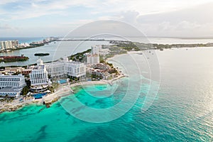 Aerial panoramic view of Cancun beach and city hotel zone in Mexico. Caribbean coast landscape of Mexican resort with