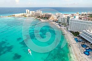 Aerial panoramic view of Cancun beach and city hotel zone in Mexico. Caribbean coast landscape of Mexican resort with