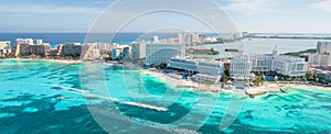 Aerial panoramic view of Cancun beach and city hotel zone in Mexico. Caribbean coast landscape of Mexican resort with