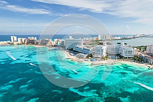 Aerial panoramic view of Cancun beach and city hotel zone in Mexico. Caribbean coast landscape of Mexican resort with