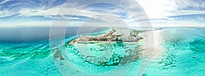 Aerial 360 panoramic view of Cancun beach and city hotel zone in Mexico. Caribbean coast landscape of Mexican resort