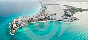 Aerial panoramic view of Cancun beach and hotel zone in Mexico. Caribbean coast landscape of Mexican resort. Riviera