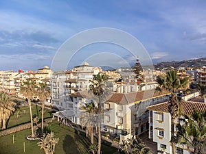 Aerial panoramic view on coastline in Torrox Costa, Costa del Sol, small touristic town between Malaga and Nerja, Andalusia, Spain