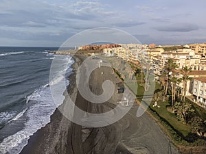 Aerial panoramic view on coastline in Torrox Costa, Costa del Sol, small touristic town between Malaga and Nerja, Andalusia, Spain