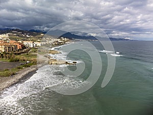 Aerial panoramic view on coastline in Torrox Costa, Costa del Sol, small touristic town between Malaga and Nerja, Andalusia, Spain