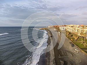 Aerial panoramic view on coastline in Torrox Costa, Costa del Sol, small touristic town between Malaga and Nerja, Andalusia, Spain